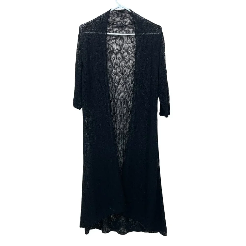 EILEEN FISHER Womens M? 100% Wool Open‎ Front Mesh Knit Cardigan Duster Black